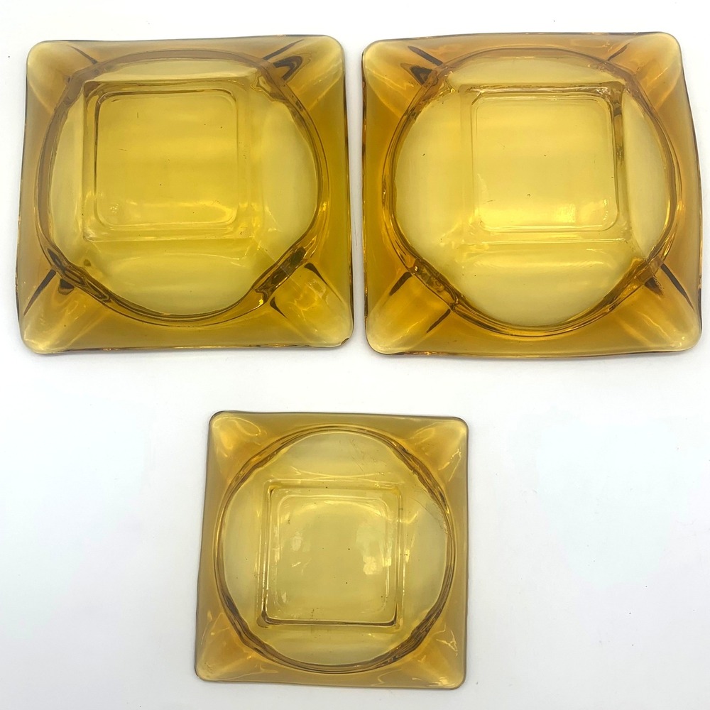 Vintage Anchor Hocking Amber Glass Nesting Ashtray Set 3pc Square MCM